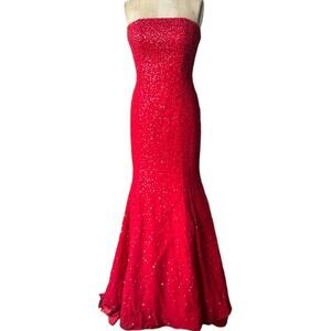 Y2K Red iridescent sequin silk strapless mermaid gown Size S